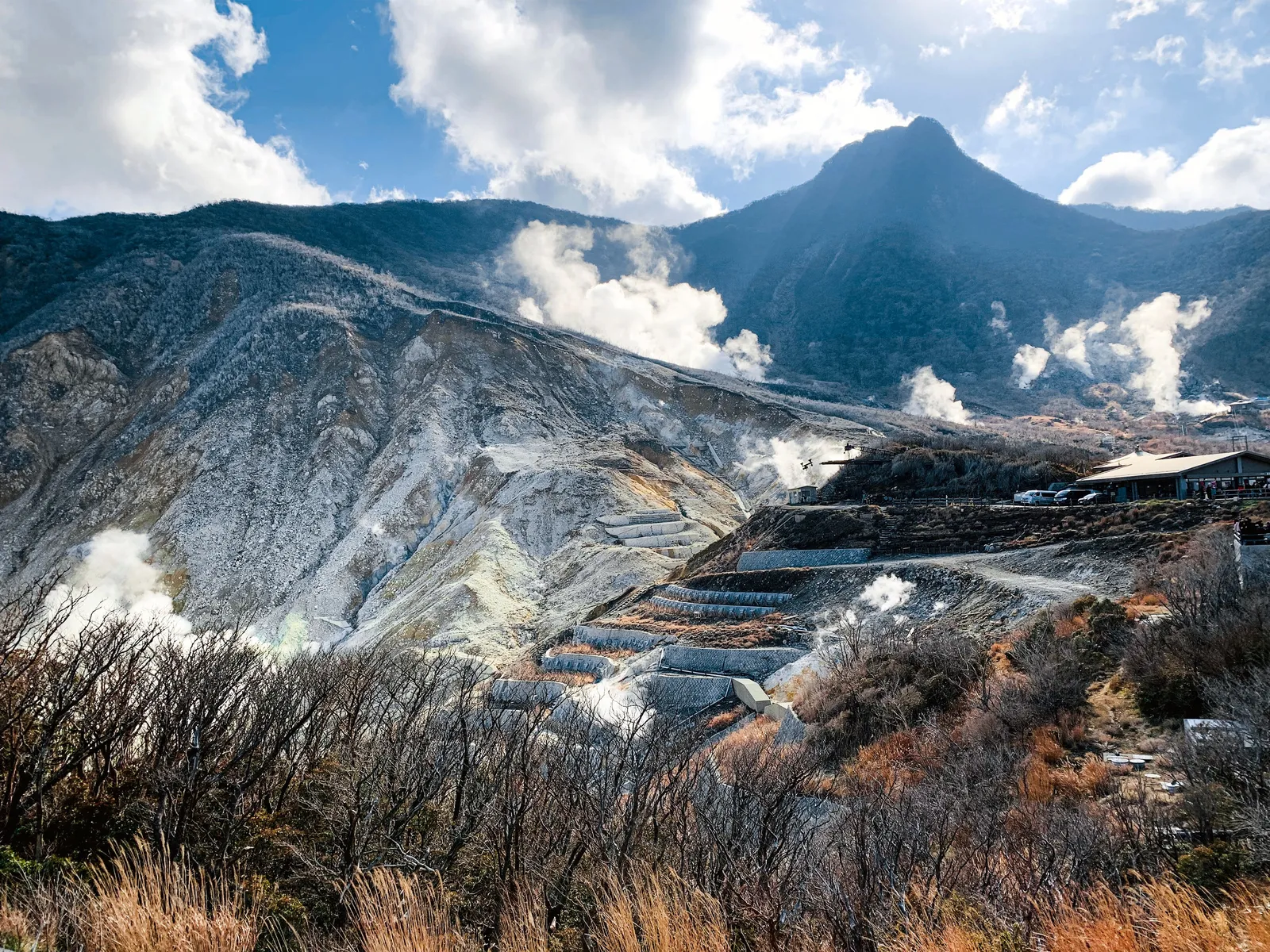 Steam vents on the hillside at Owakudani in Hakone, Japan, on a clear day