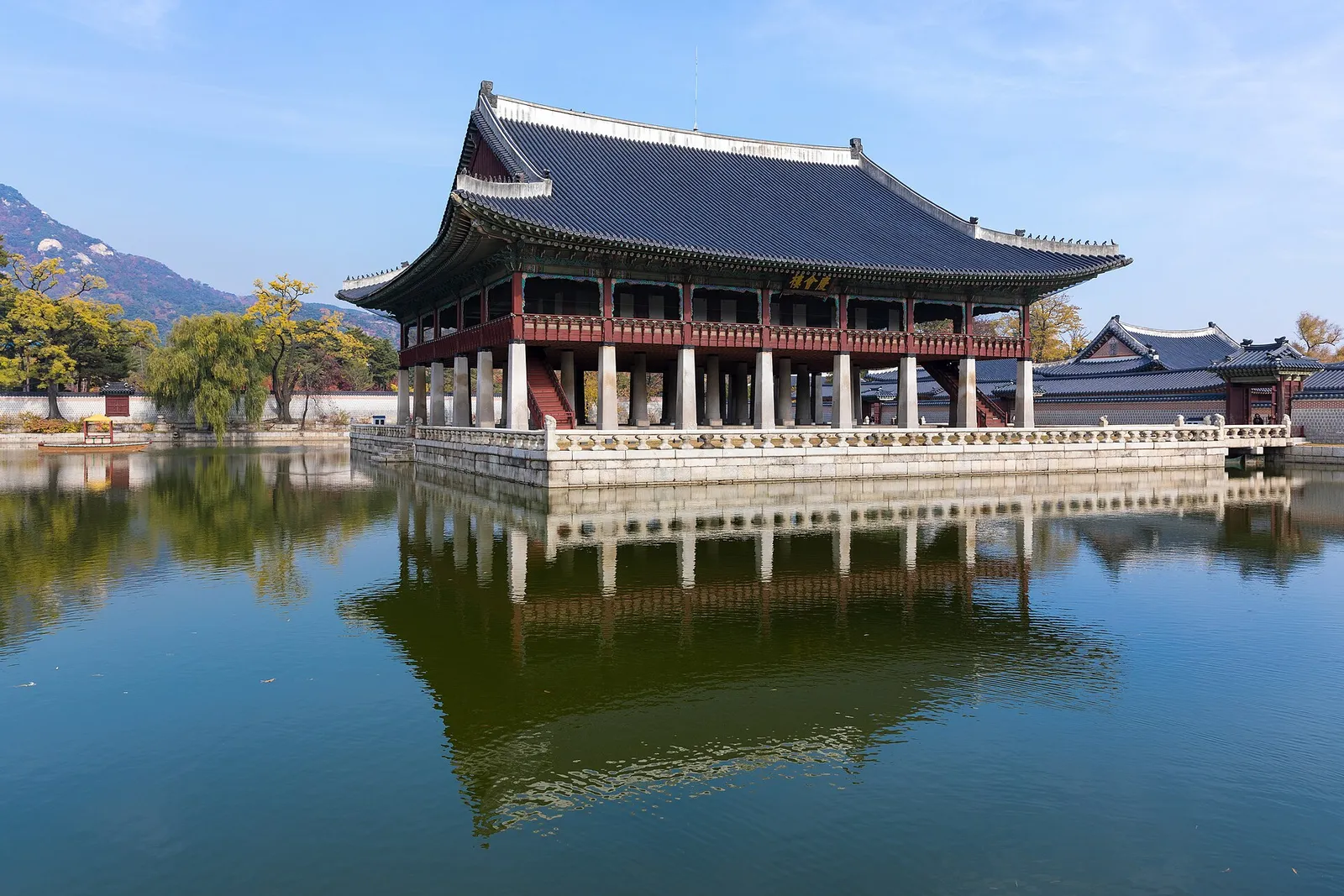 The royal banquet pavilion of Gyeongbokgung Palace in Seoul, South Korea, on a clear day