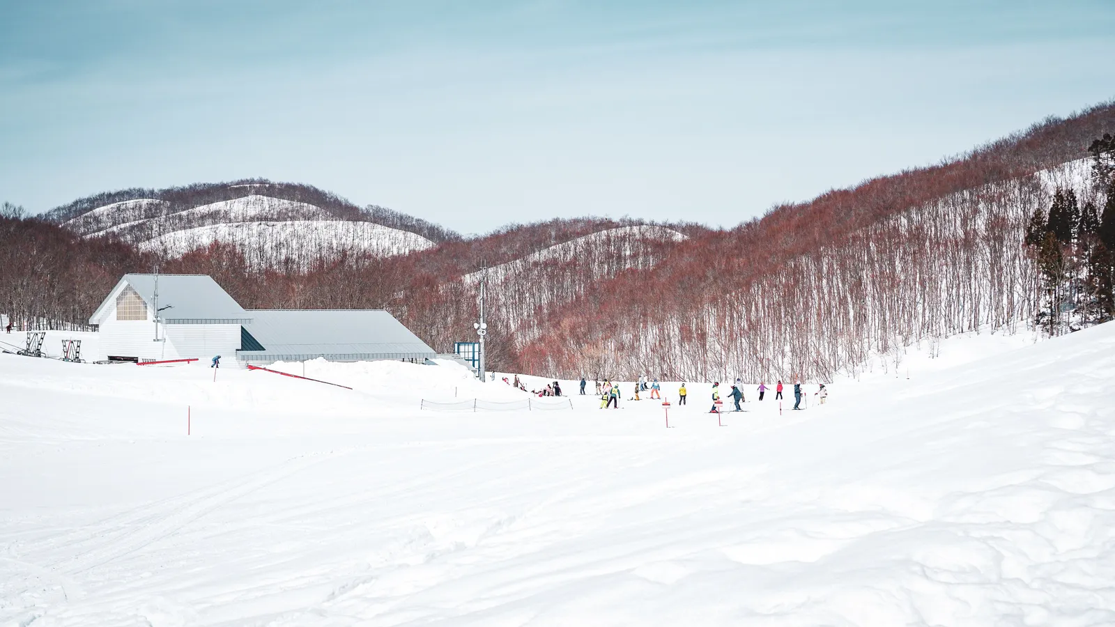 A wide beginner slope at a Japanese ski resort with a lodge at its foot and the bare winter hills behind