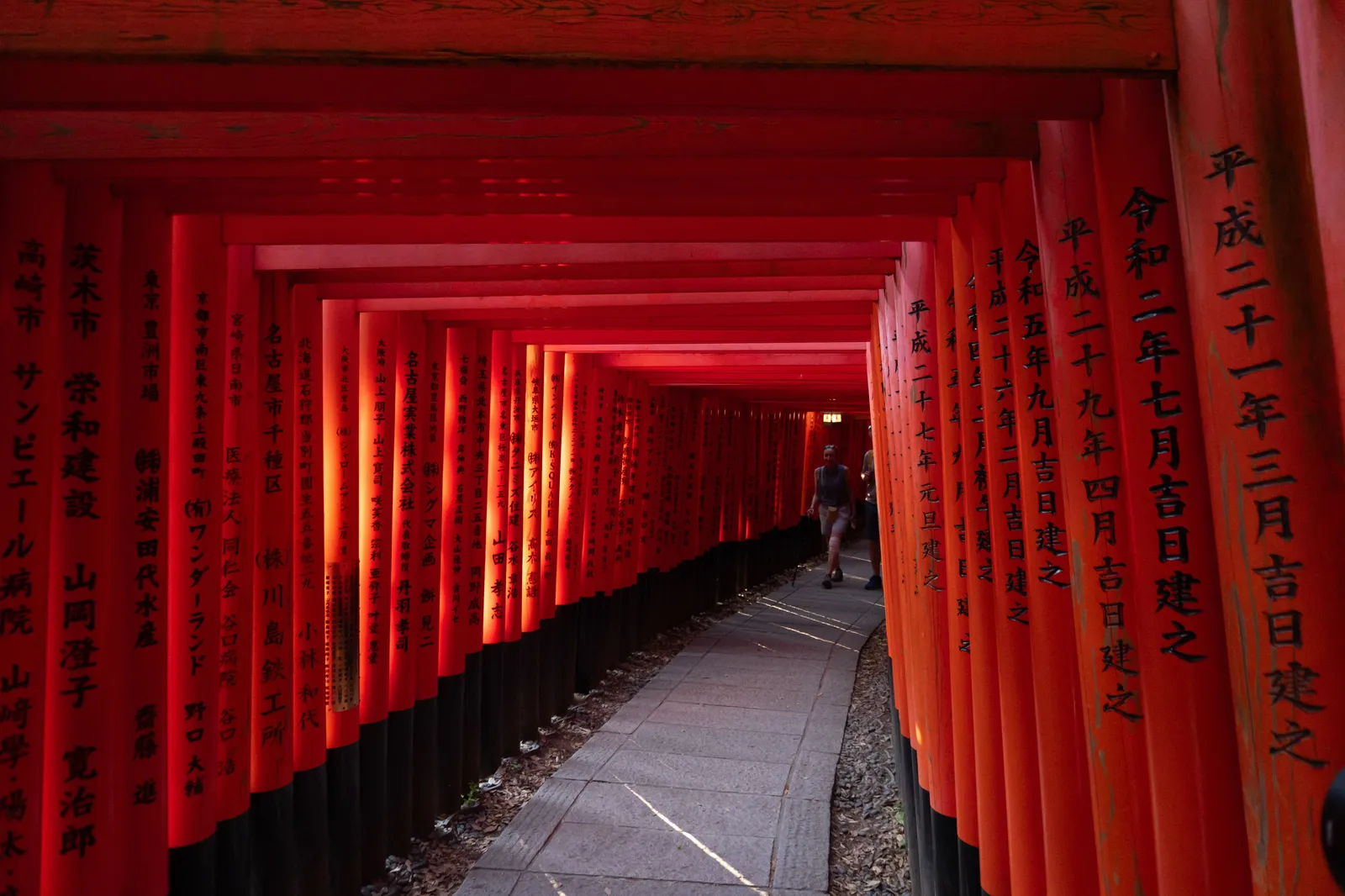 A tunnel of vermilion torii gates carrying inscriptions along a shrine path in Japan