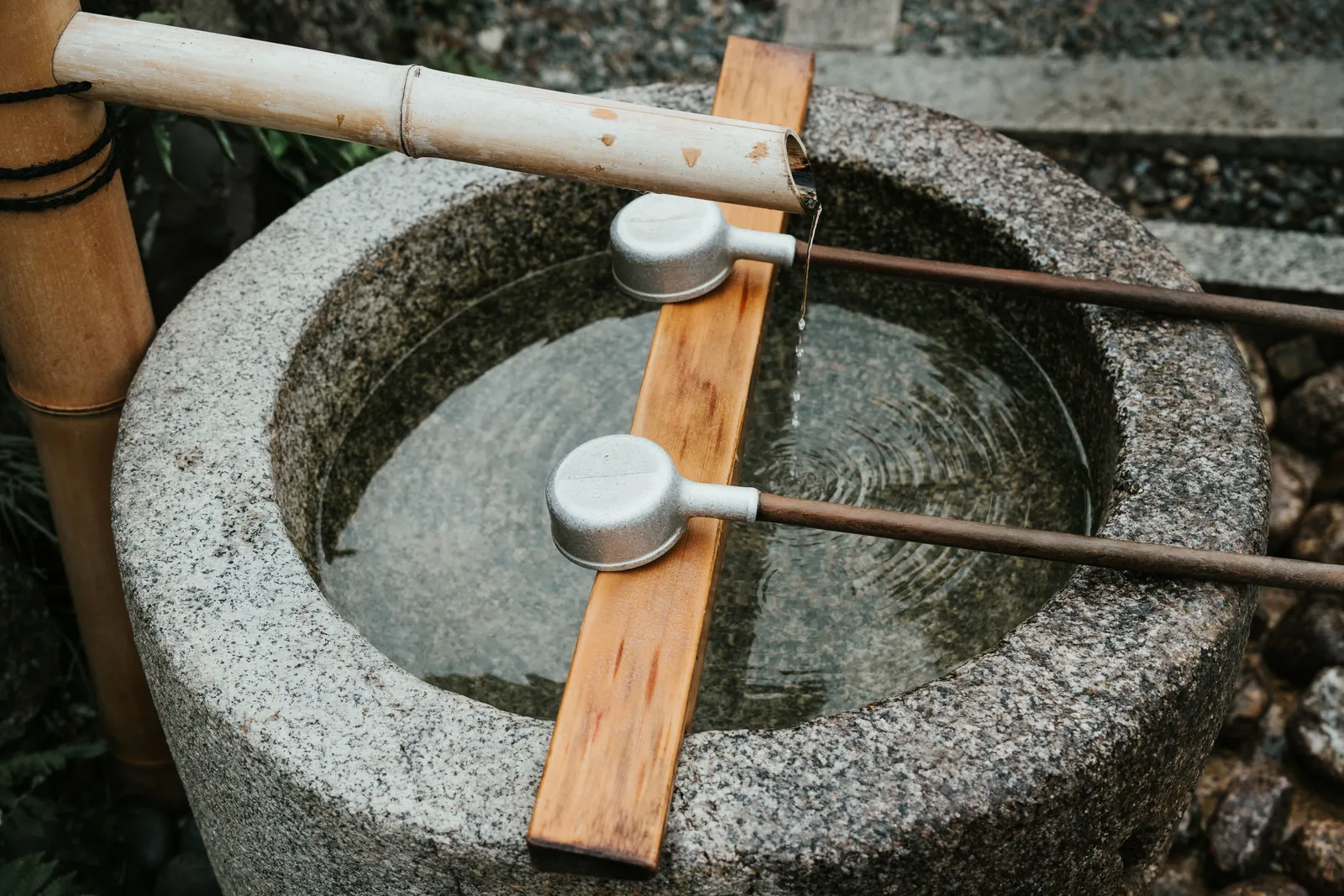 Bamboo ladles resting across a stone purification basin at a Japanese shrine