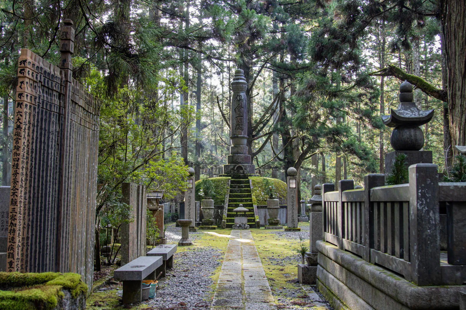Stone lanterns and moss covered gravestones lining a path through tall cedar trees at Okunoin cemetery, Koyasan, Japan