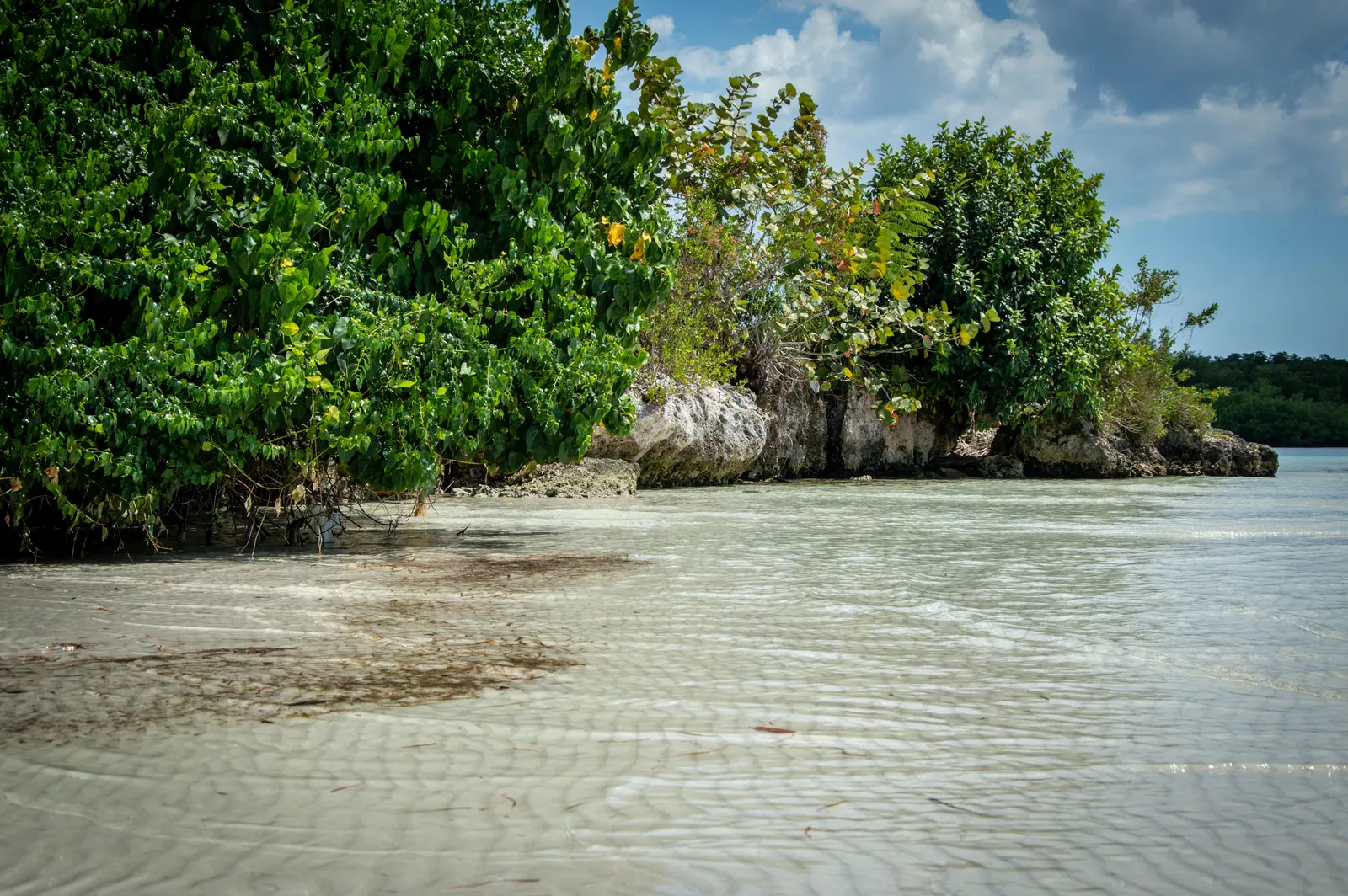 A quiet white sand beach with clear shallow water on an Okinawan island