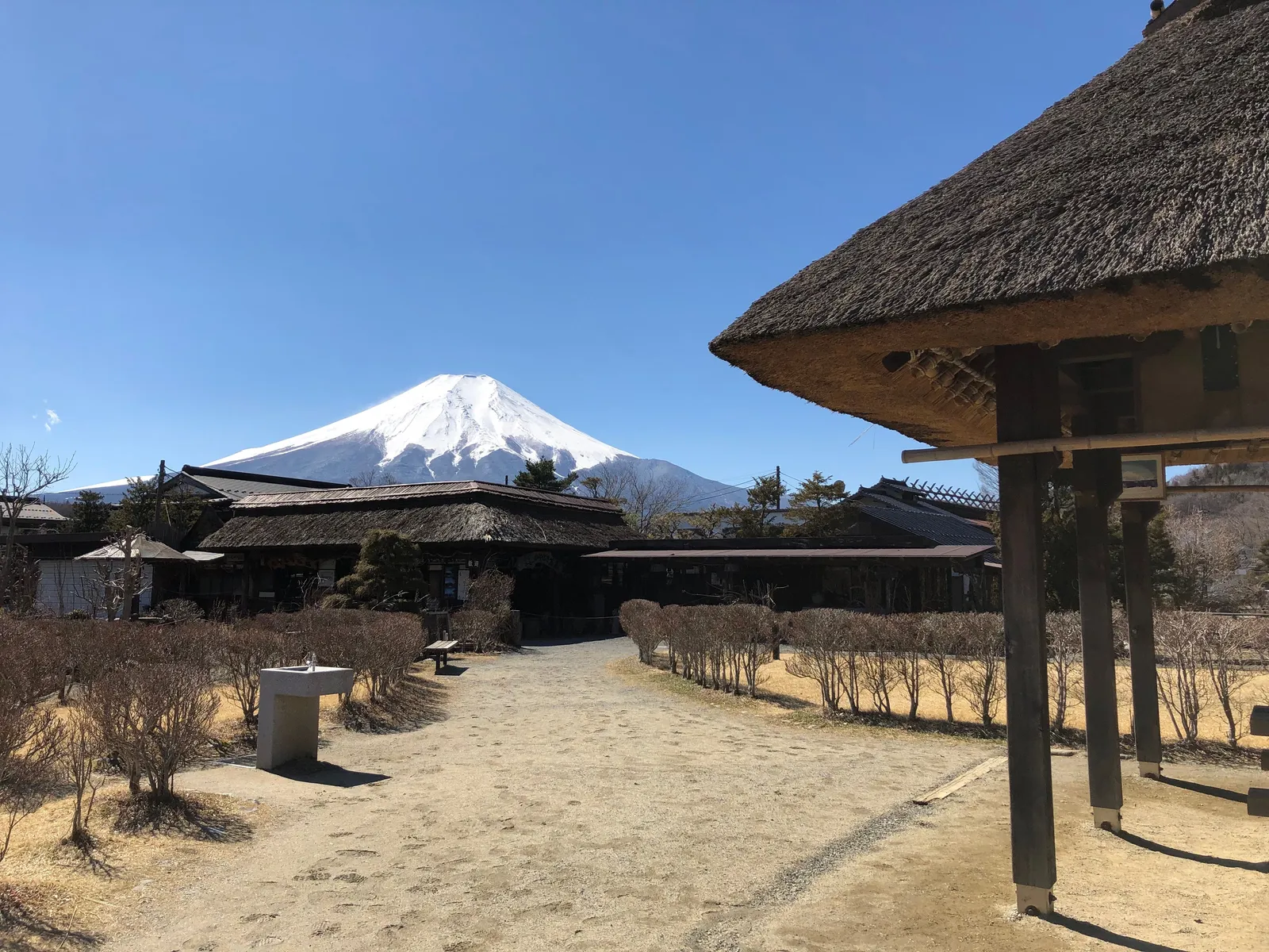 The clear spring-fed ponds of Oshino Hakkai village with Mount Fuji visible in the distance