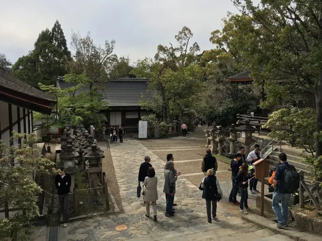 Visitors on a gravel approach path between trees and wooden buildings