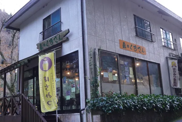 A corner building with two wooden signs, a yellow banner and display windows among greenery