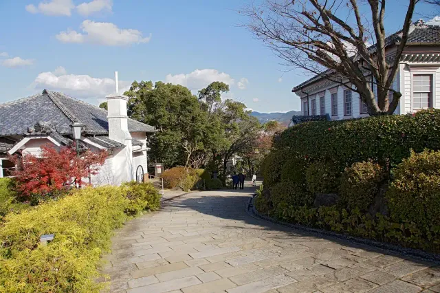 A garden path between hedges with a white colonial house behind
