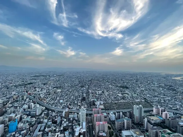 A view from above over a sprawling city with an elevated railway, a cloudy sky above