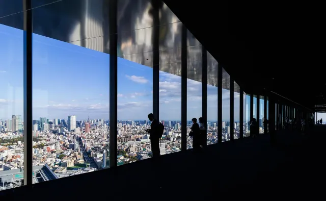 A person silhouetted against a long glass window overlooking the city from above