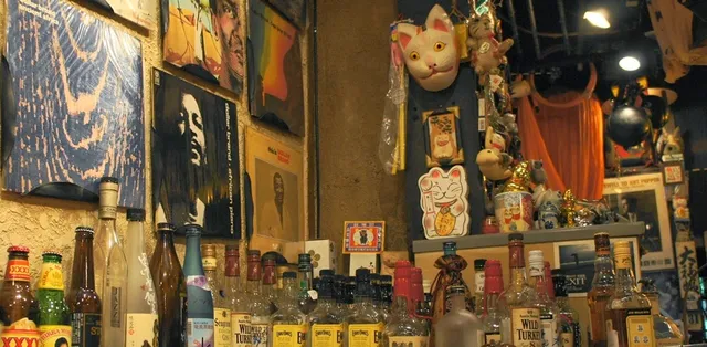 Liquor bottles in front of a wall covered with record sleeves and cat figurines