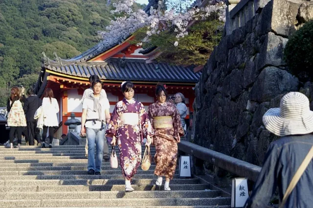 Visitors in kimono climbing stone steps between red wooden buildings