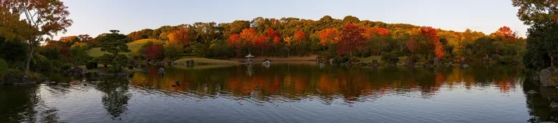 A park pond with red and orange autumn trees along its bank and a stone lantern in the water
