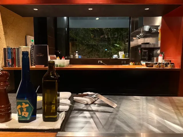 A counter with a metal griddle, oil bottles and an open kitchen behind, facing a window onto a garden