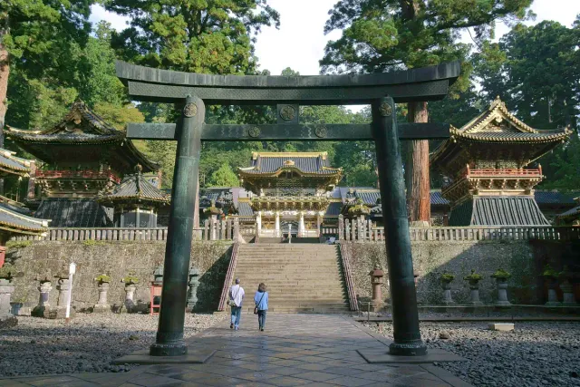 A stone torii gate and ornate shrine buildings among tall trees