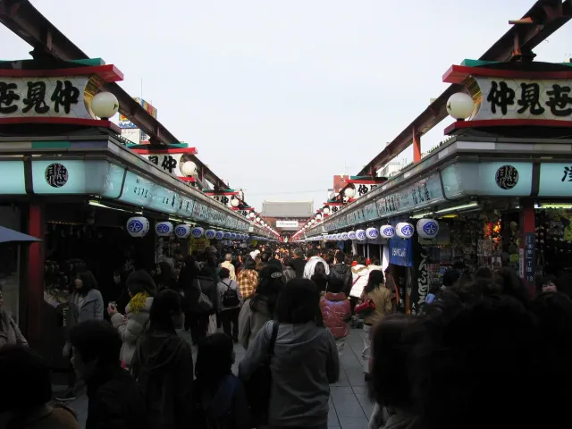 A shopping lane packed with crowds, red lanterns and signs overhead