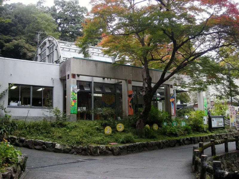 A low public building inside the park forest, with trees and a wooden railing around it
