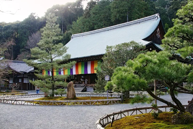 A wooden temple hall with a tiled roof above a garden with clipped pines and autumn trees