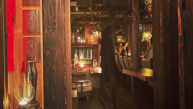 A dark wooden space with dried plants hanging, candles and bottles on shelves