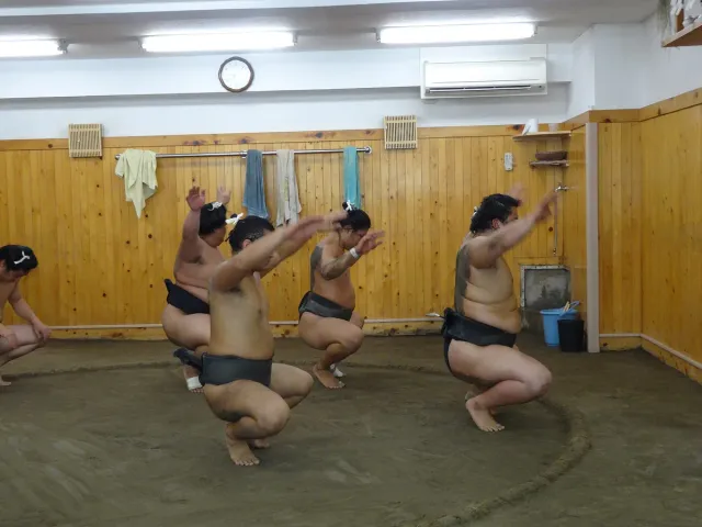 Sumo wrestlers doing squat drills in a training hall