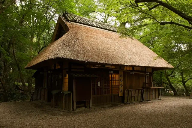 A thatched-roof teahouse among tall trees