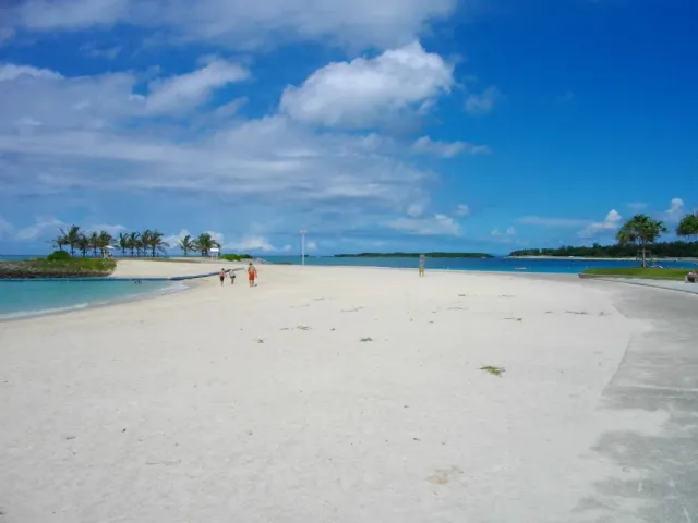 A white sand beach and calm turquoise water under a blue sky