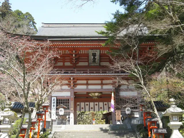 A red temple gate with hanging lanterns among trees