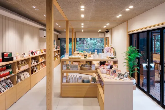 A bright shop with wooden shelves full of products and a glass door onto a green courtyard
