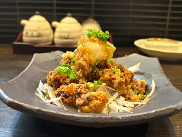 A ceramic dish with fried chicken pieces, chopped spring onion and grated radish
