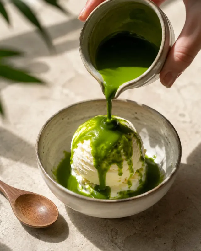 Green matcha sauce poured from a small jug over a scoop of ice cream in a bowl