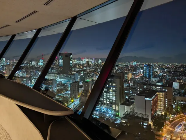 A city lit at night seen through the slanted windows of an observation floor
