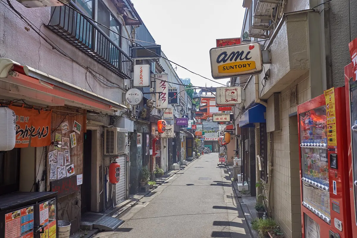A narrow alley in Golden Gai lined with tiny bar signs on both sides