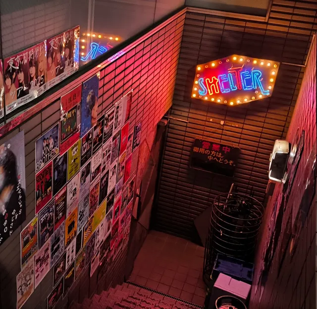 A staircase descending to a basement with a colourful neon sign and a wall covered in gig posters