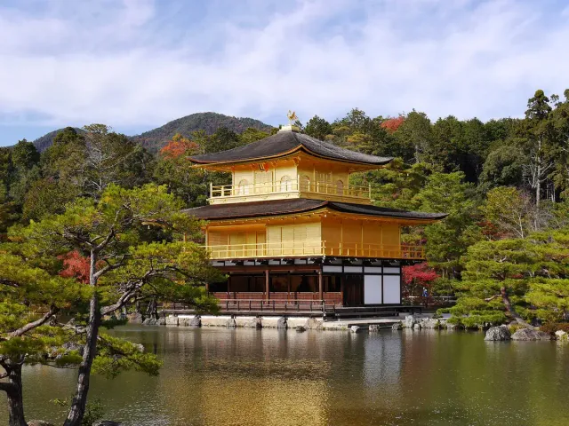 A gold-covered pavilion at the edge of a pond, surrounded by pines