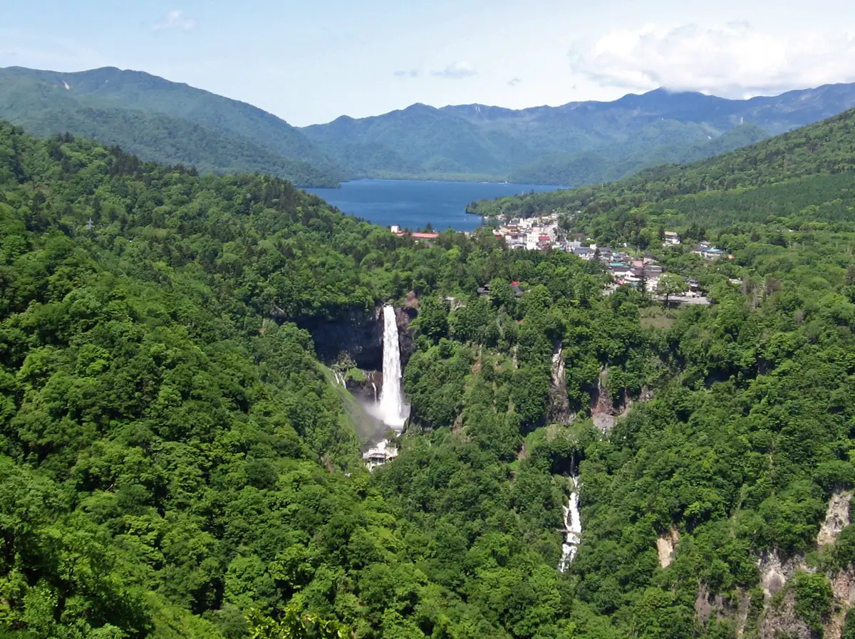 A narrow white waterfall dropping from a rock wall into a forested gorge, with a lake and mountains behind