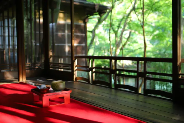 A red mat with a low table and a tea bowl, facing a wooden veranda and green trees