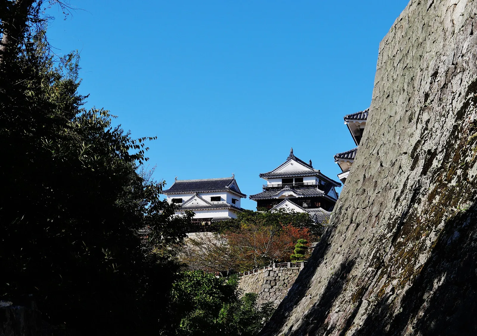 The keep and turrets of Matsuyama castle seen past the stone ramparts below it