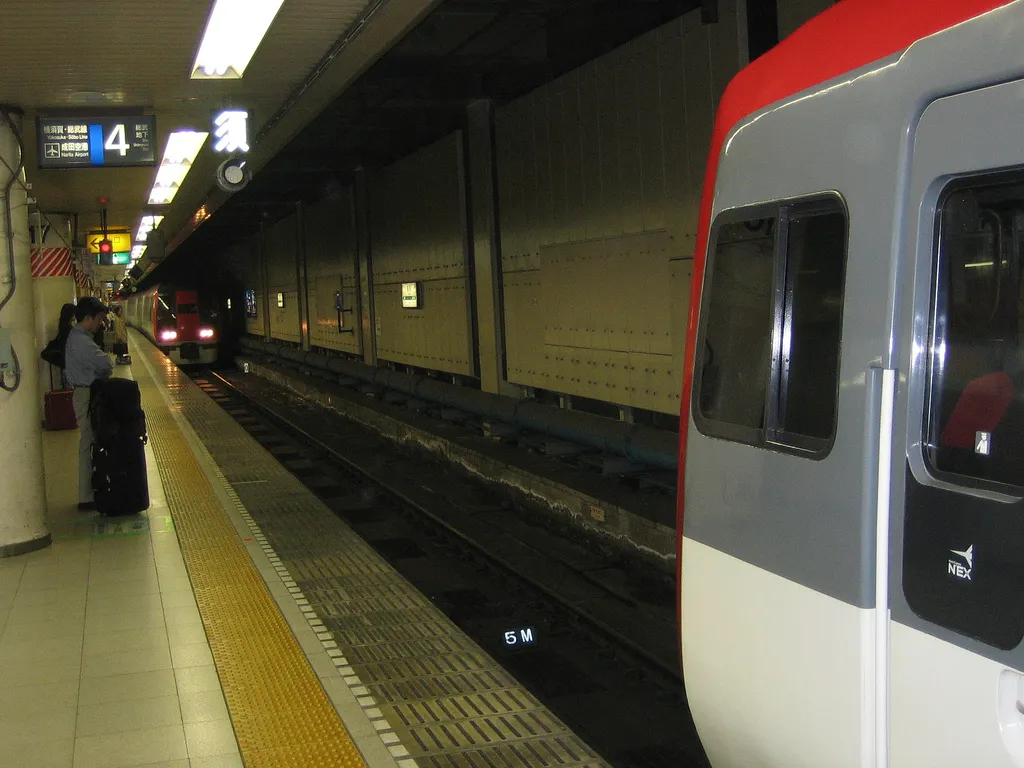 Two Narita Express trains coupled at a station platform in Japan in daylight
