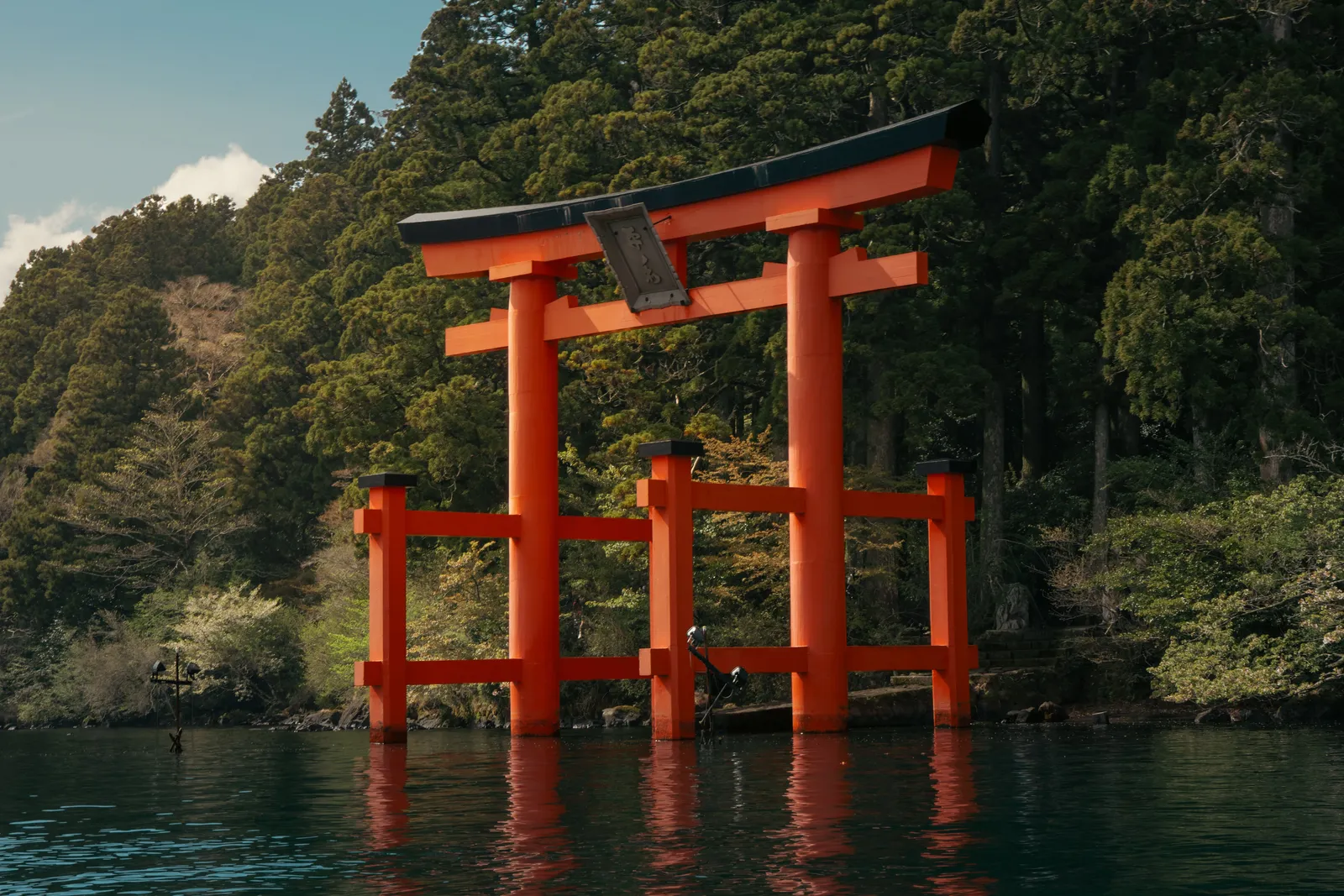 A traditional red torii gate beside a lake with wooded hills behind, on a day trip destination near Tokyo, Japan