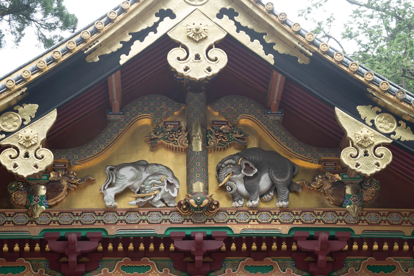 The gilded carving of the imaginary elephants on the sacred storehouse at Toshogu shrine, Nikko, Japan